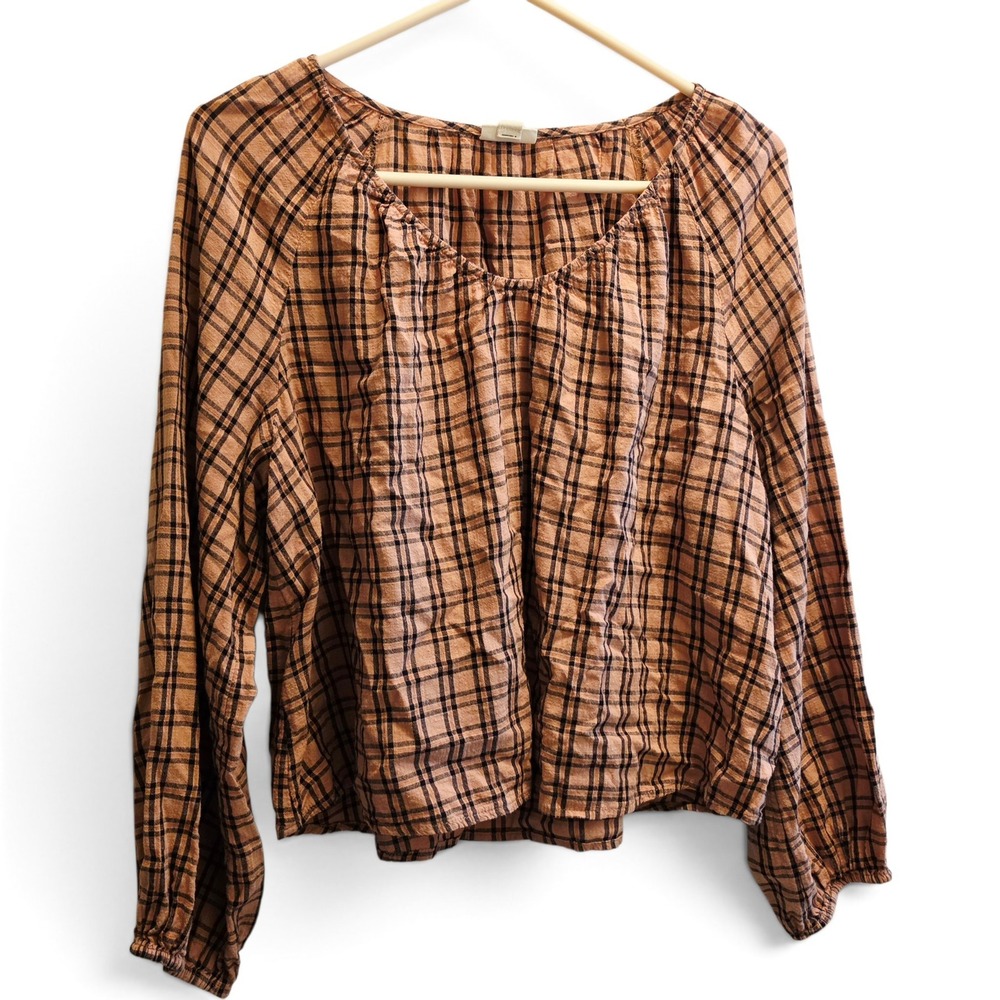 a.n.a A New Approach Plaid Blouse Orange Black Petite Large PL Raglan Sleeve